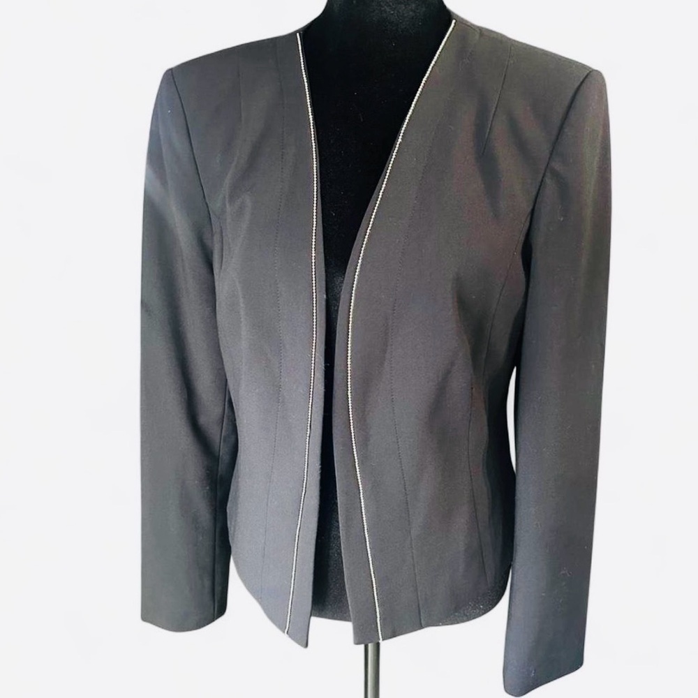 Calvin Klein Black Zip Front Blazer Size 10 Tailored Stretch Career Jacket - Picture 2 of 8